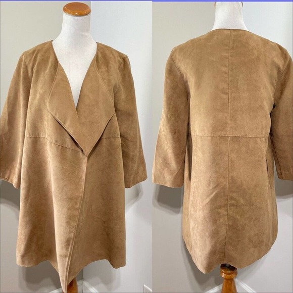 H&M Size 6 Faux Suede Jacket Draped Camel 3/4 Slv Overcoat Lined Workwear Womens - Picture 2 of 9